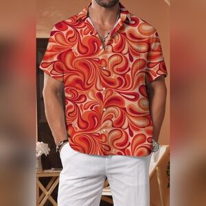 KYKU Men's Button Down Hawaiian Short Sleeve Shirt, One Pocket | Orange & White